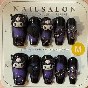 Purple and Black Press-On Nails with Cute Kuromi Design